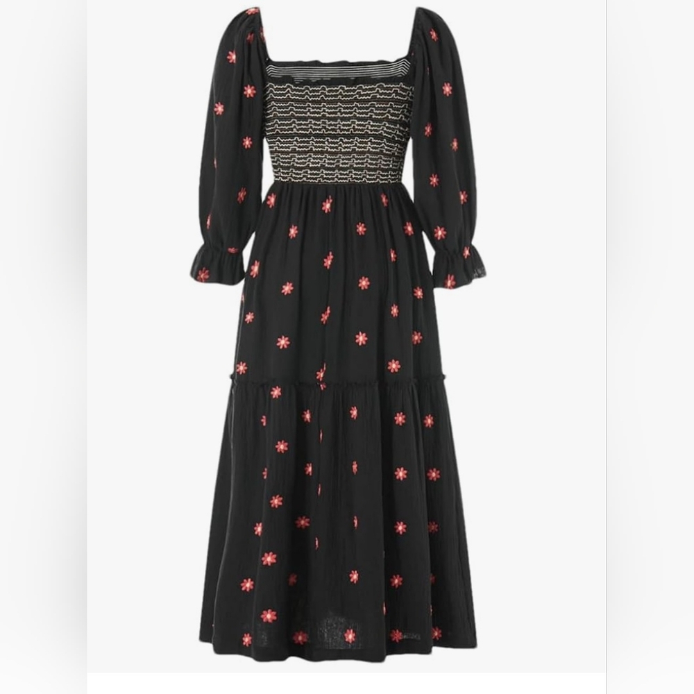 Renaissance Boho Black Smocked Ruffle Dress L Large